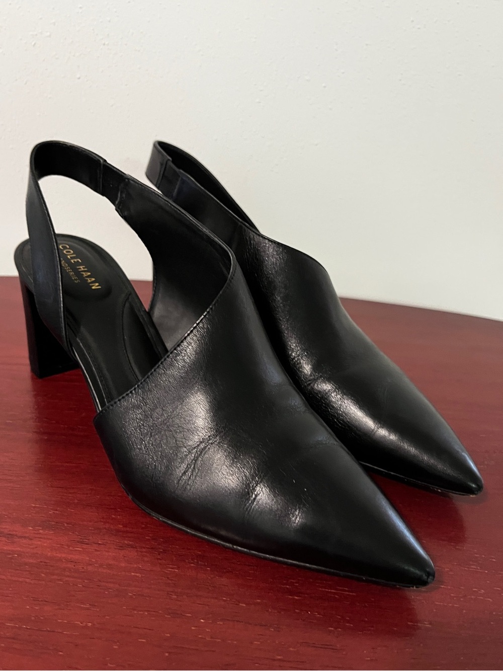 Cole Haan Womens Vania Pump Size 9 Black Leather D'Orsay Slingback Block Heel